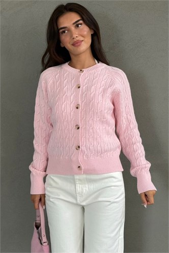Pembe Bisiklet Yaka Örgü Desenli Kadın Hırka MG2899