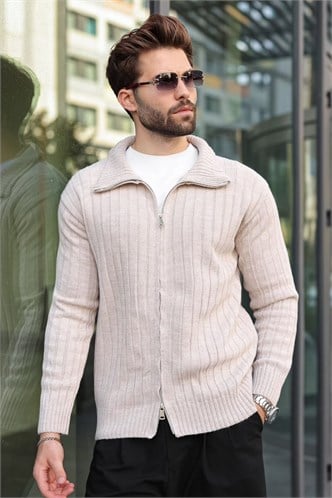 Taş Rengi Çift Fermuarlı Slim Fit Çizgili Erkek Triko Hırka E7522