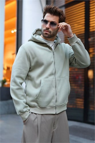 Mint Yeşili Şardonlu Kapüşonlu Erkek Sweat Hırka E7219