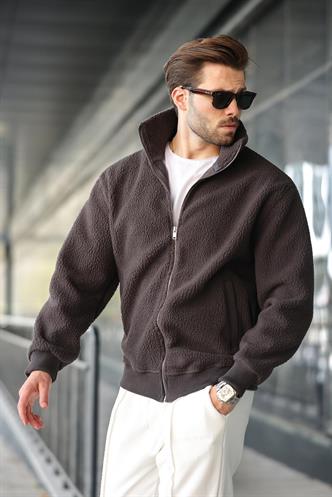 Füme Fermuarlı Dik Yaka Erkek Polar Hırka E7166