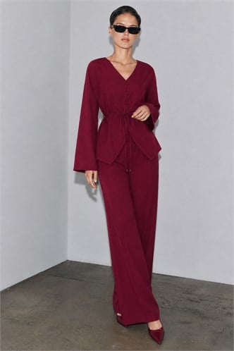 Bordo V Yaka Düğmeli Kuşaklı İkili Modal Kadın Takım MG2619