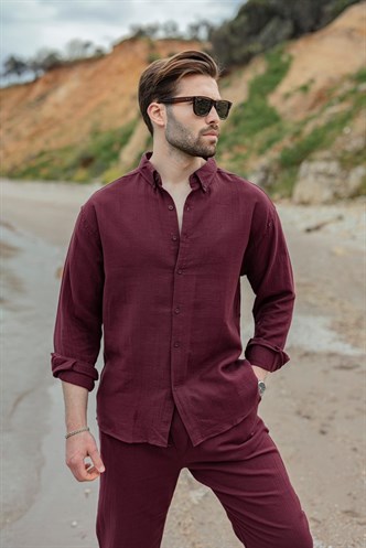 Bordo Gömlek Pantolon Erkek İkili Takım E7322