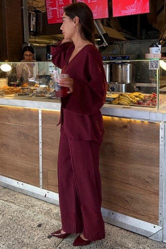 Bordo V Yaka Düğmeli Kuşaklı İkili Modal Kadın Takım MG2619