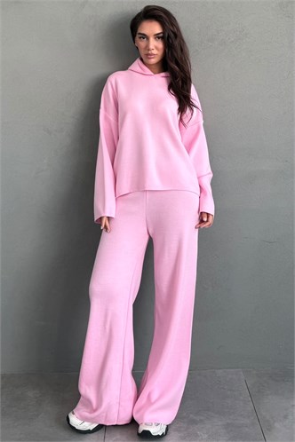 Pembe Kapüşonlu Kadın Triko Takım MG2892
