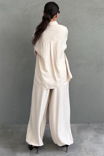 Bej Oversize Gömlek Balon Pantolon Kadın Takım MG2779