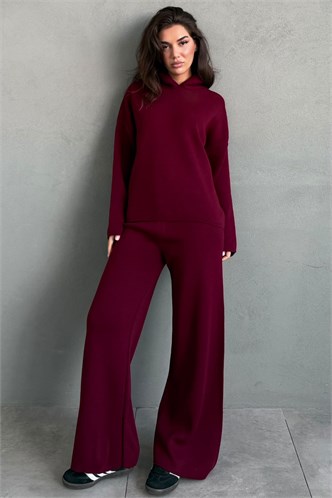Bordo Kapüşonlu Kadın Triko Takım MG2892