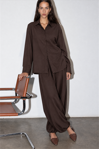 Kahverengi Oversize Gömlek Balon Pantolon Kadın Takım MG2779