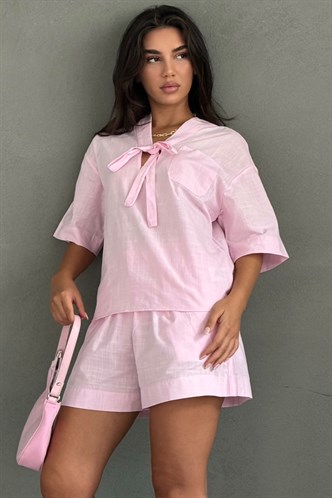 Pembe Bağlama Detaylı Kadın Gömlek Şort Takım MG2864