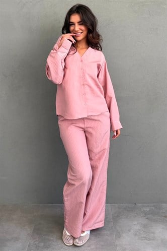 Pembe V Yaka Çizgili Gömlek Pantolon Takım MG2852
