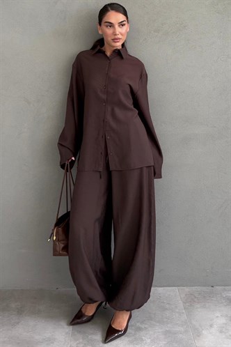 Kahverengi Oversize Gömlek Balon Pantolon Kadın Takım MG2779