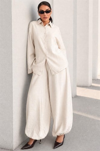 Bej Oversize Gömlek Balon Pantolon Kadın Takım MG2779