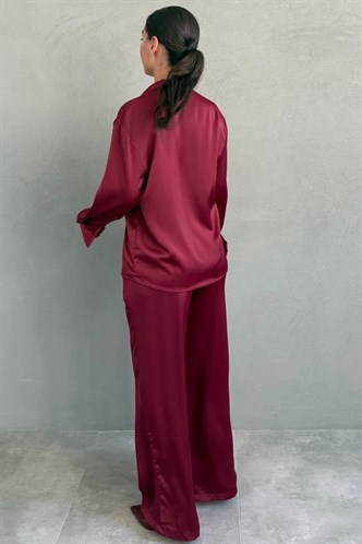 Bordo Saten Gömlek Pantolon Takım MG2745