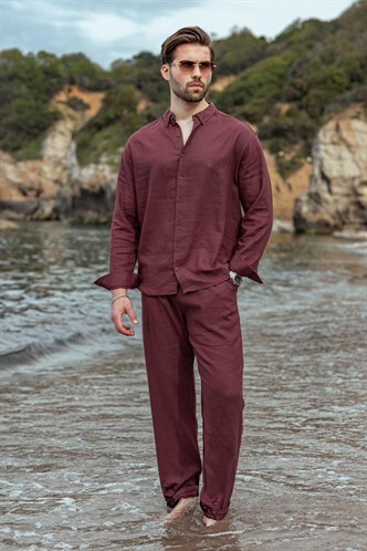 Bordo Rahat Kesim Keten Erkek Gömlek Pantolon Takım E7362