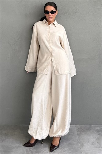 Bej Oversize Gömlek Balon Pantolon Kadın Takım MG2779