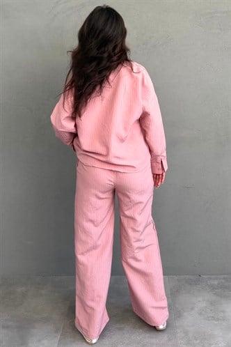Pembe V Yaka Çizgili Gömlek Pantolon Takım MG2852