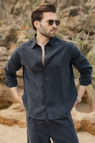 Siyah Tensel Kumaş Erkek Gömlek Pantolon Takım E7365