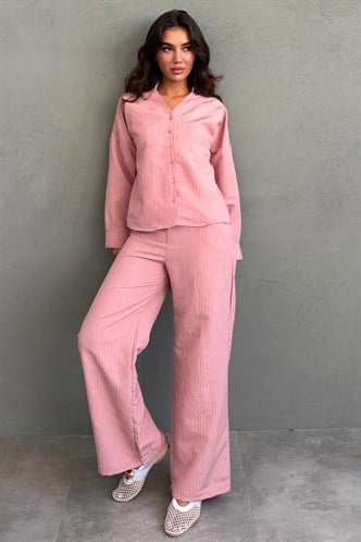 Pembe V Yaka Çizgili Gömlek Pantolon Takım MG2852