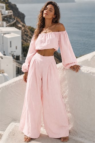 Pembe Madonna Yaka Bluz Bol Paça Pantolon Kadın Takım MG2863