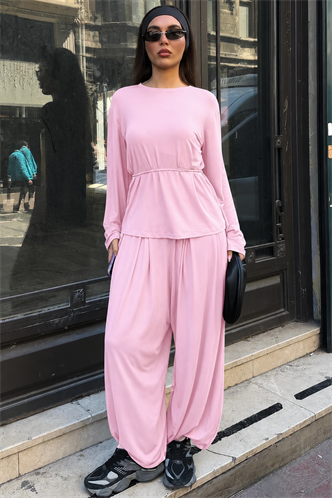 Pembe Likralı Modal Şalvar Takım MG2784