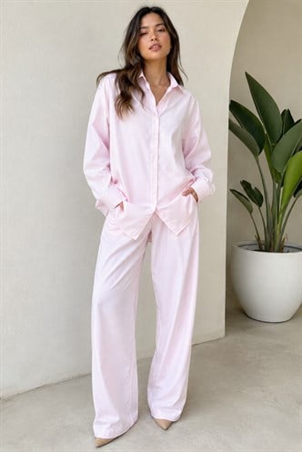 Pembe Uzun Kollu Çizgili Gömlek Pantolon İkili Takım MG2124