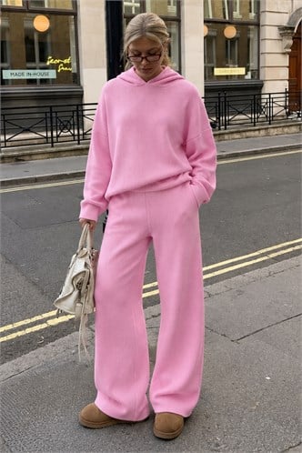 Pembe Kapüşonlu Kadın Triko Takım MG2892