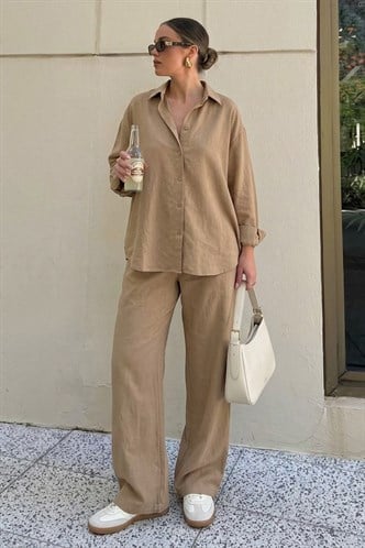 Camel Keten Kadın Gömlek Pantolon İkili Takım Mg2356