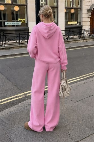 Pembe Kapüşonlu Kadın Triko Takım MG2892