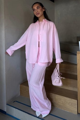 Pembe Keten Kadın Gömlek Pantolon İkili Takım Mg2356