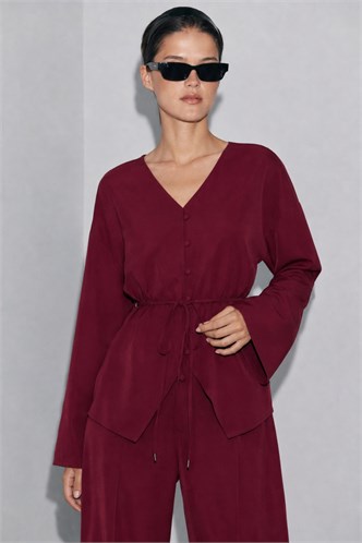 Bordo V Yaka Düğmeli Kuşaklı İkili Modal Kadın Takım MG2619