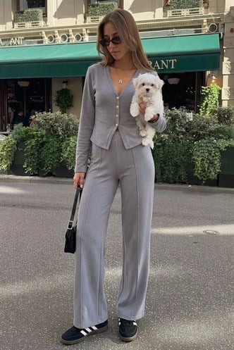 Füme Düğmeli Yumuşak Dokunuşlu İkili Hırka Pantolon Takım MG2651
