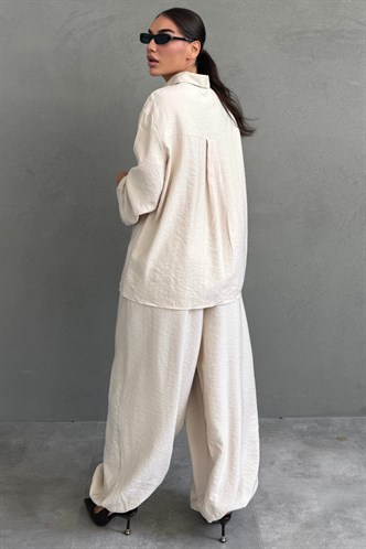 Bej Oversize Gömlek Balon Pantolon Kadın Takım MG2779