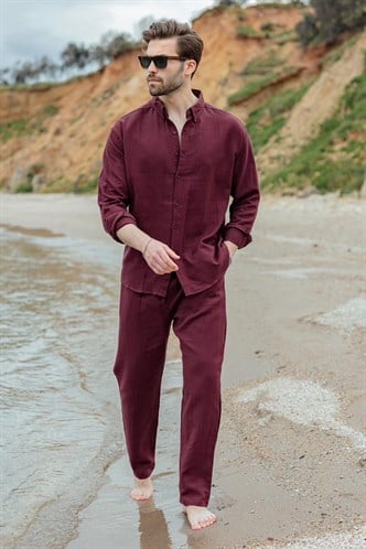 Bordo Gömlek Pantolon Erkek İkili Takım E7322