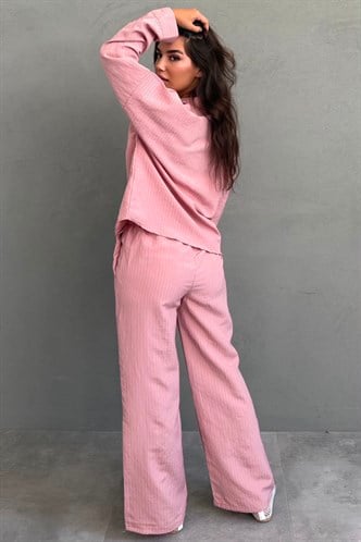 Pembe V Yaka Çizgili Gömlek Pantolon Takım MG2852