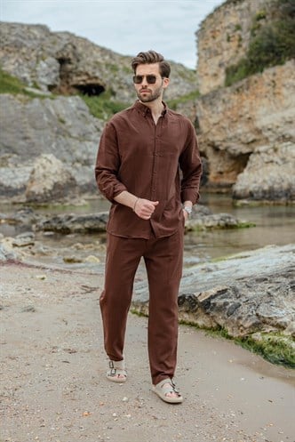 Kahverengi Gömlek Pantolon Erkek İkili Takım E7322