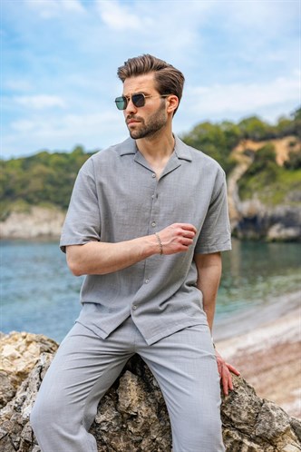 Boyalı Gri Over Fit Erkek Gömlek Takım E7303