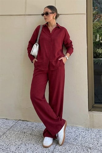 Kırmızı Keten Kadın Gömlek Pantolon İkili Takım Mg2356