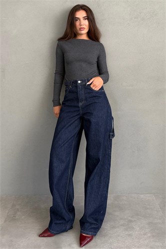 Koyu Lacivert Kargo Kemer Detaylı  Baggy Kadın Jean MG2874