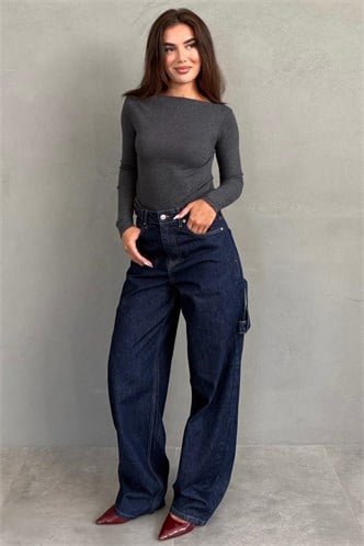 Koyu Lacivert Kargo Kemer Detaylı  Baggy Kadın Jean MG2874