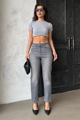 Gri Yüksek Bel Kadın Mom Fit Pantolon Mg2389