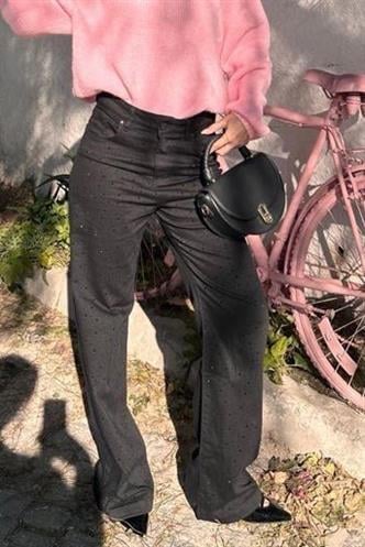 Siyah Serpme Taş Kadın Bol Paça Jean Pantolon MG2273