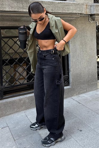 Siyah Kargo Baggy Kadın Jean MG2874