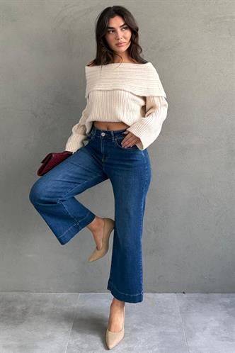 Mavi Düz Kesim Geniş Paça Kadın Flared Jean MG2630