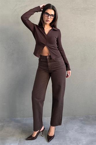 Kahverengi Yüksek Bel Mom Fit Kadın Jean MG2654