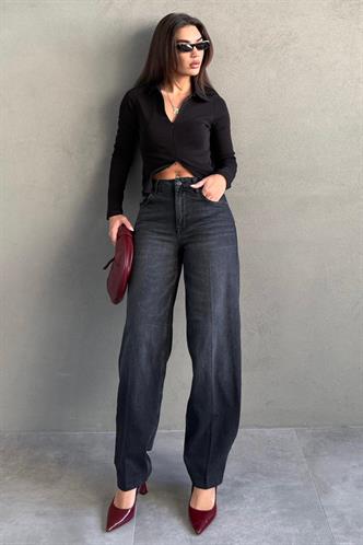 Antrasit %100Pamuklu Geniş Paça Kadın Wide Leg Jean MG2623