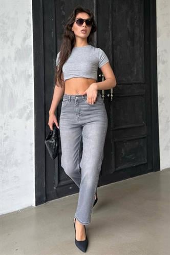 Gri Yüksek Bel Kadın Mom Fit Pantolon Mg2389