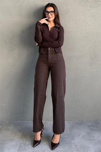 Kahverengi Yüksek Bel Mom Fit Kadın Jean MG2654