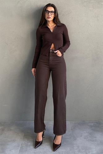 Kahverengi Yüksek Bel Mom Fit Kadın Jean MG2654