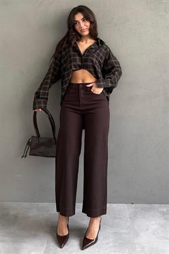 Kahverengi Düz Kesim Geniş Paça Kadın Flared Jean MG2630