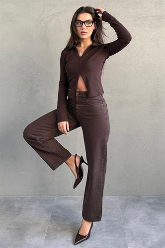 Kahverengi Yüksek Bel Mom Fit Kadın Jean MG2654
