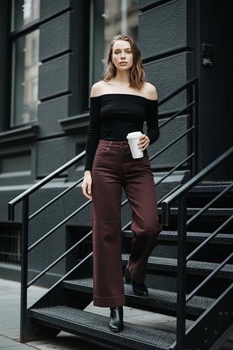 Kahverengi Düz Kesim Geniş Paça Kadın Flared Jean MG2630